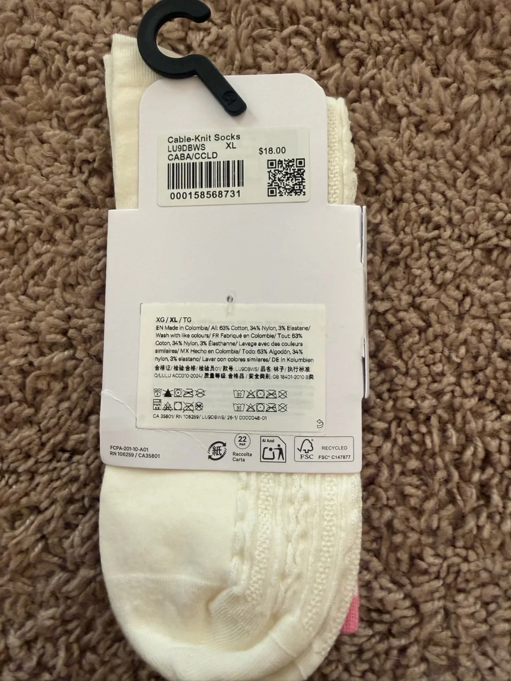 lululemon athletica Cream Cable-Knit Quarter Socks with Pink Stripe